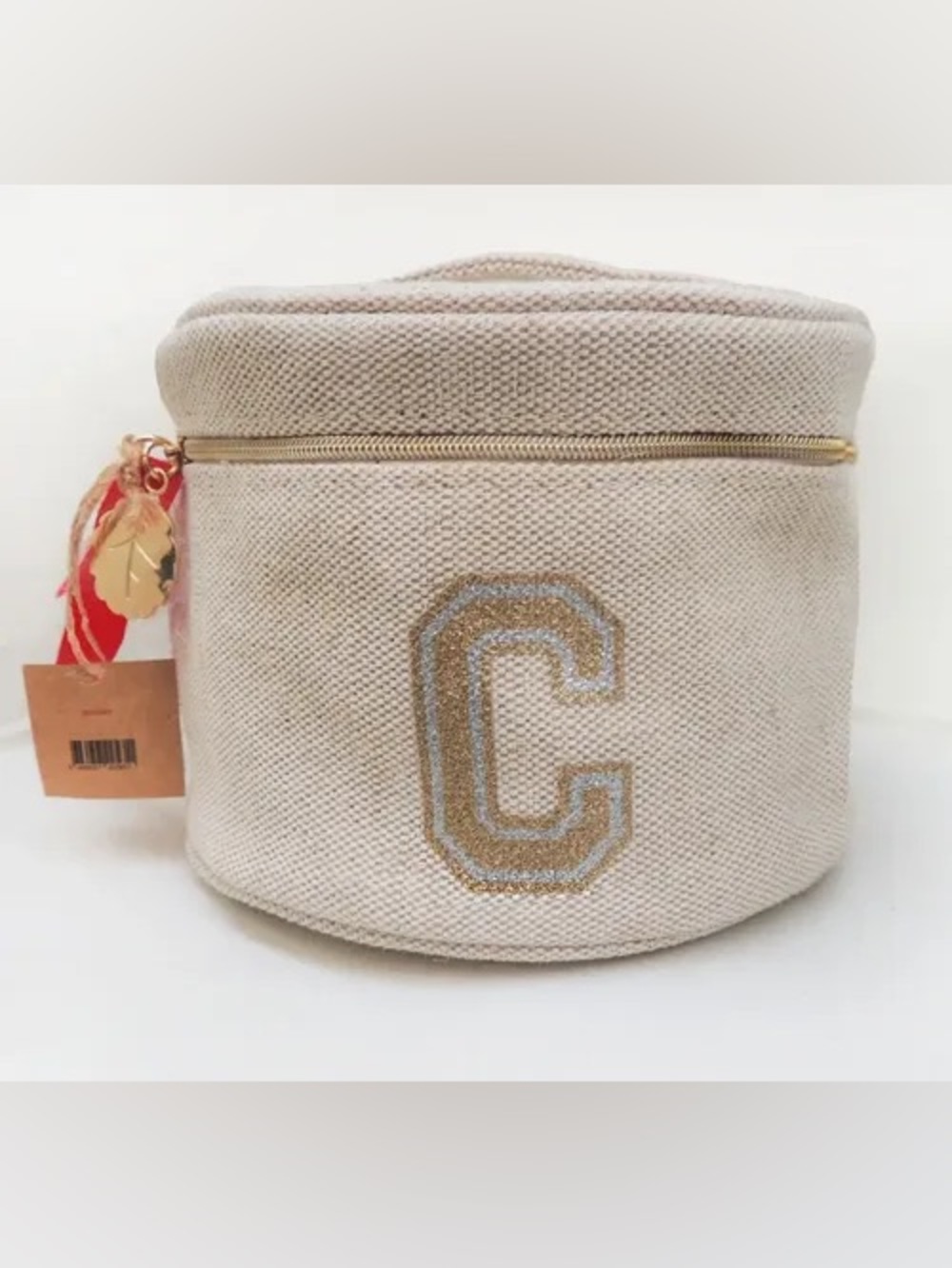 Clarins NWT Cream Linen Canvas Gold Silver Round Zip Monogram C Vanity Case